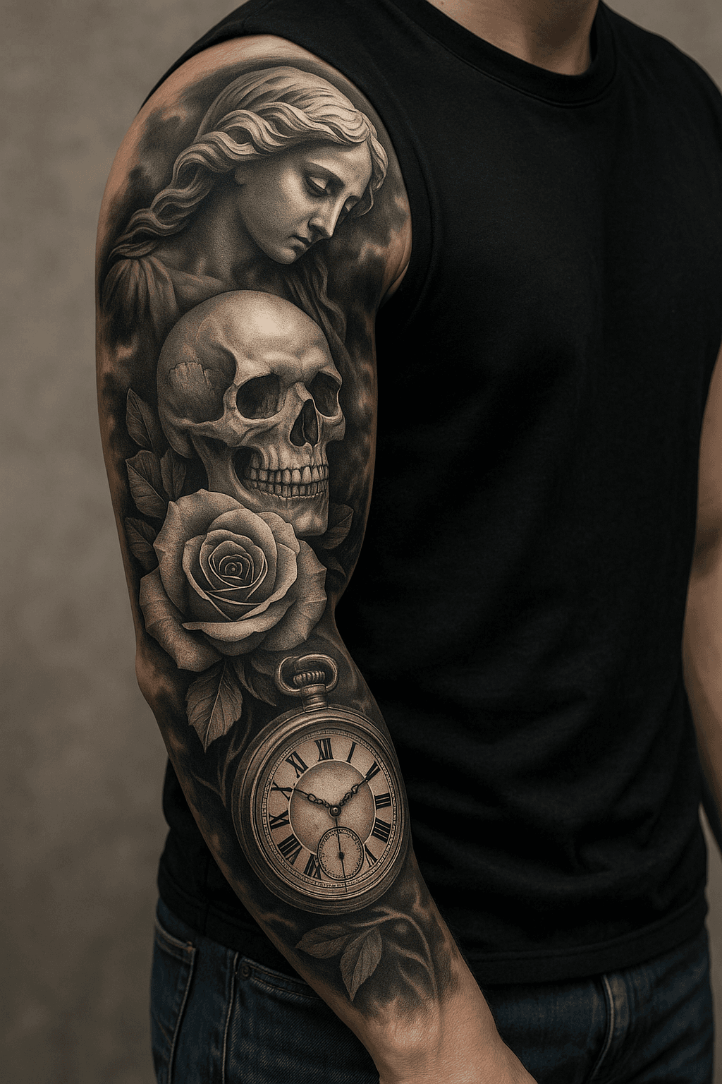 Black & Grey Sleeve Tattoo mit Totenkopf, Rose und Uhr