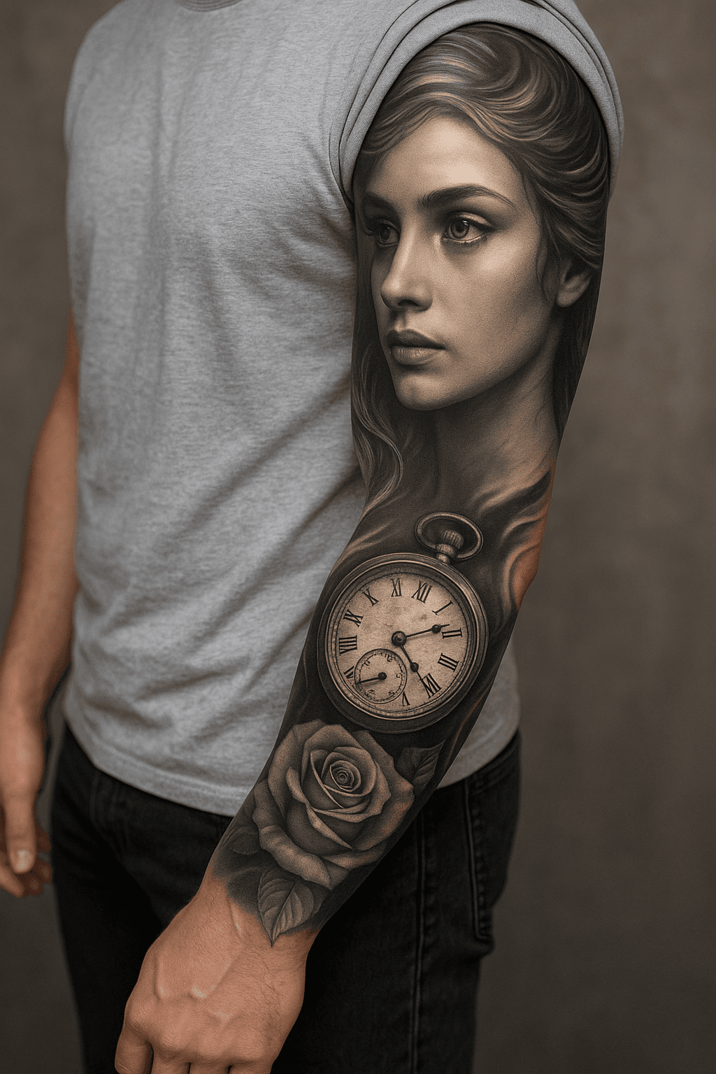 Portrait Realism Sleeve Tattoo mit Frauenporträt, Uhr und Rose