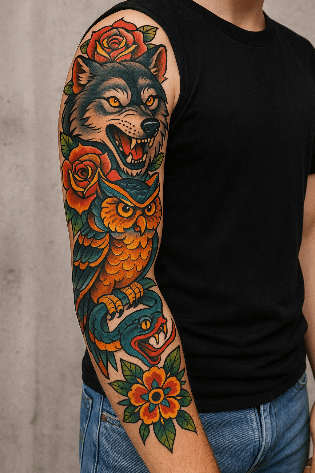 Animal Sleeve Tattoo mit Wolf, Eule und Schlange