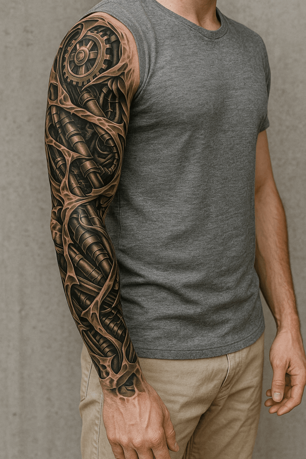 Biomechanical Sleeve Tattoo mit Zahnrädern und Metallstrukturen