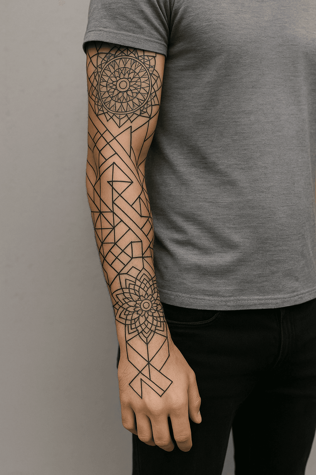 Geometric Sleeve Tattoo mit Mandala, Linien und Dreiecken