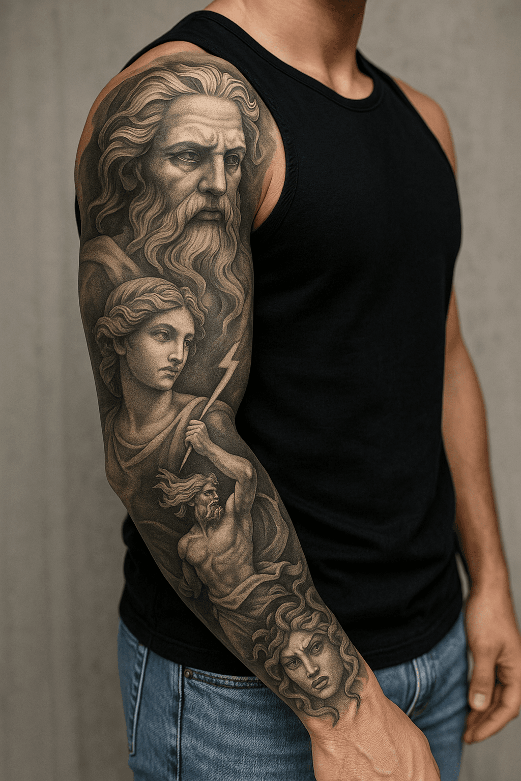 Mythology Sleeve Tattoo mit Zeus, Göttin und Medusa in Black & Grey