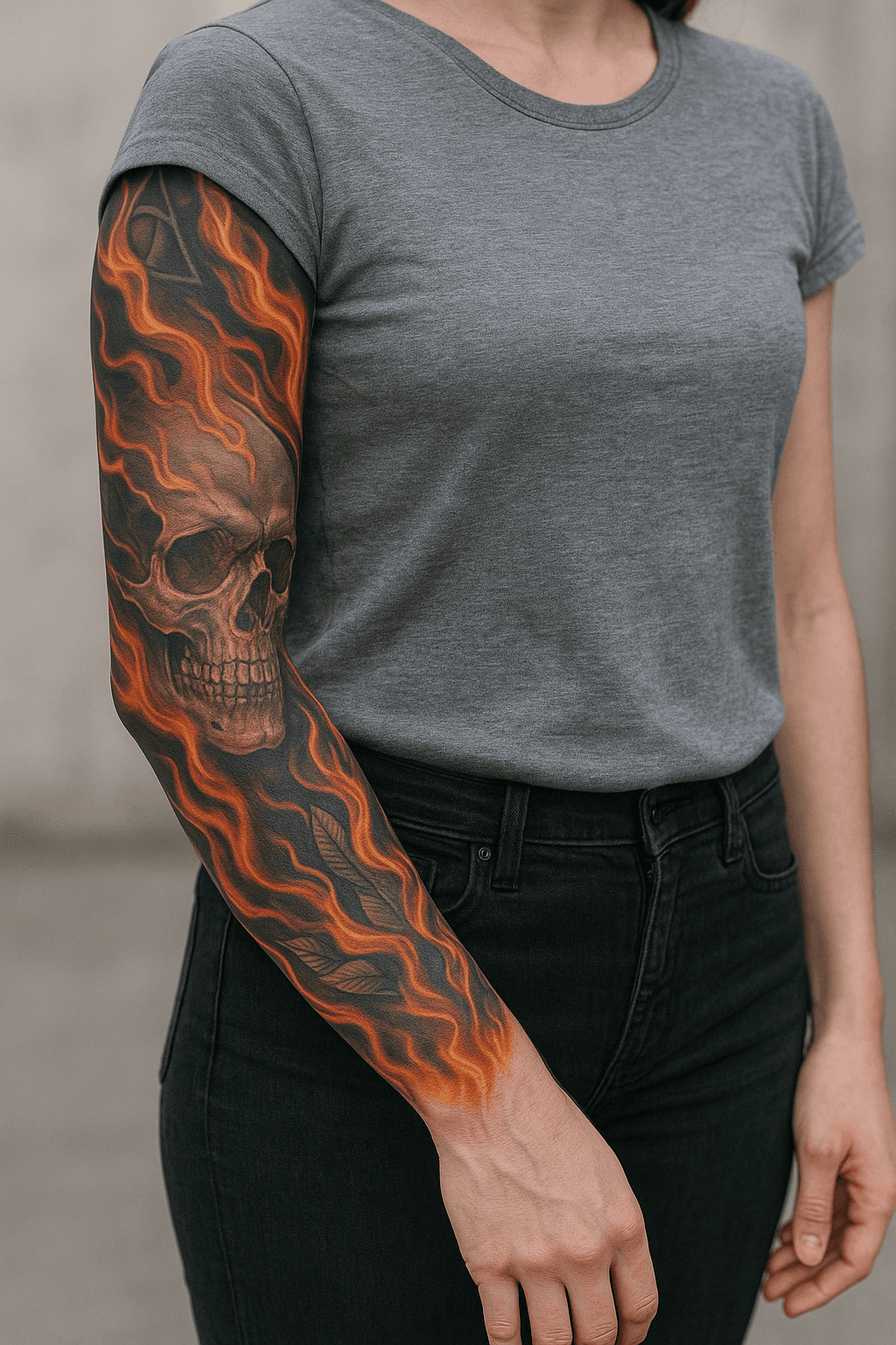 Skull & Fire Sleeve Tattoo mit Totenkopf und Flammen