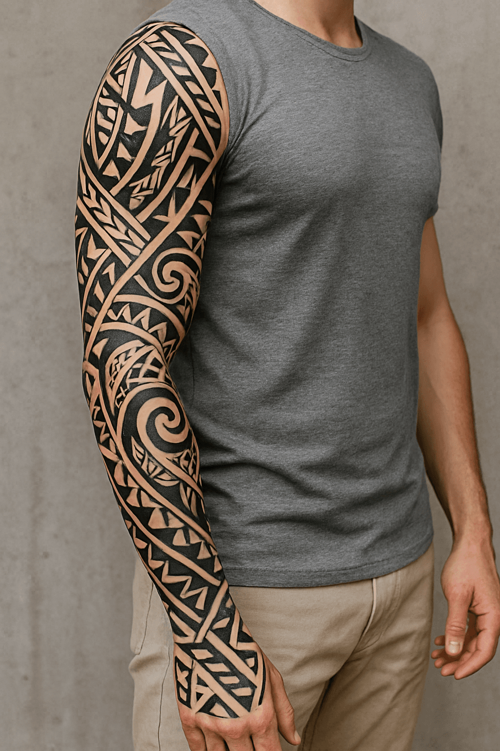Tribal Sleeve Tattoo im Maori-Stil mit schwarzen Mustern