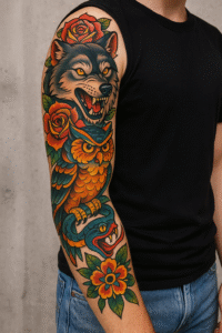 Animal Sleeve Tattoo mit Wolf, Eule und Schlange