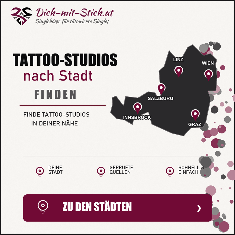 Österreichkarte mit markierten Tattoo-Studio-Städten Wien, Graz, Linz, Salzburg und Innsbruck
